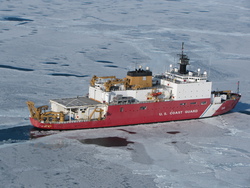 An aerial view of the USCGC Healy in the Chukchi Sea.