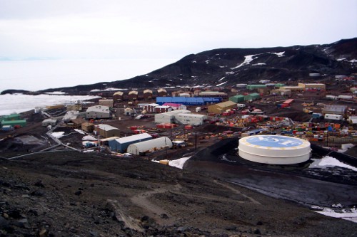 McMurdo Station as seen from halfway to the top of Observation Hill.