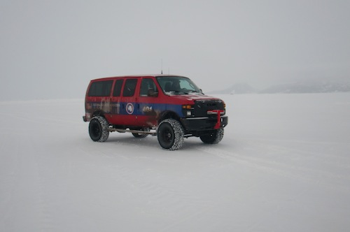 7:27 am: Driving over the frozen ocean, just outside of McMurdo Station.