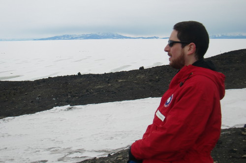 Me looking at New Zealand&#39;s Scott Base.  Black Island can be seen in the background.