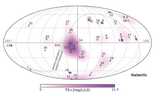 All-sky map indicating arrival directions of the 37 events found in IceCube after analyzing three years of data (2010–2013).  Credit: The IceCube Collaboration.