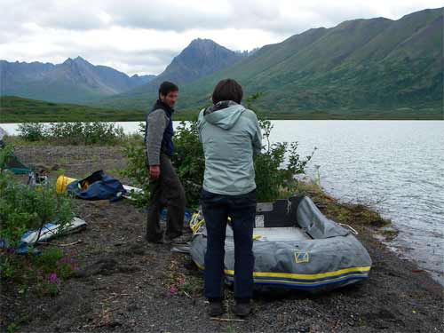 Darrell and Heidi work on blowing up our Zodiac on the shore of Cascade Lake