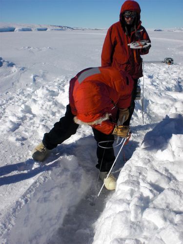 Measuring ice depth.