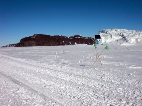 Flags mark the ice.