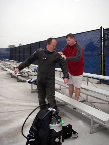 Squeezing into the dry suit.