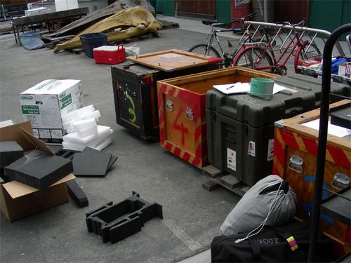 The line up of crates and padding at  the beginning of the packing process. 