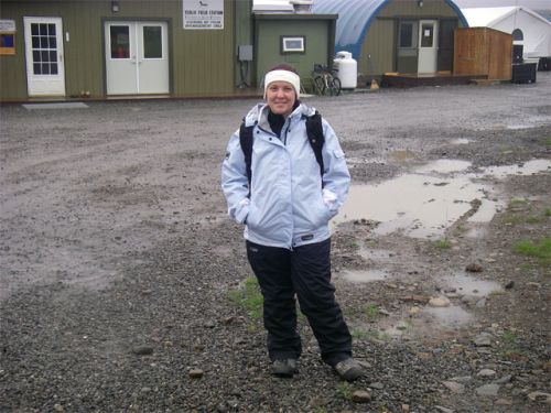 Donna modeling cold weather gear.