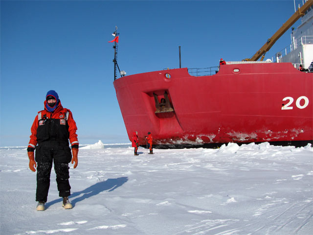 PolarTREC teacher poses in front of the Healy (taken by Tom Von Pelt)