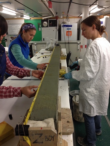 The students preparing a Kasten core sediment sample for testing