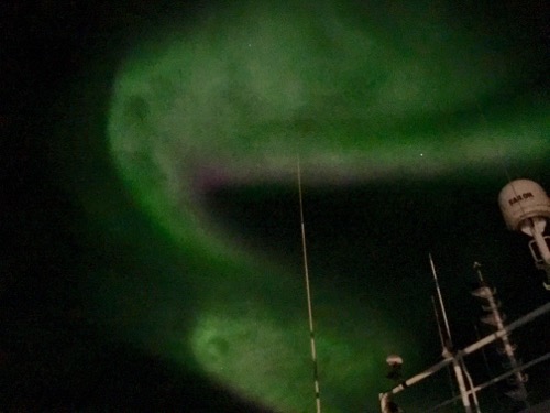 Aurora over the Beaufort Sea and the bridge onboard the R/V Sikuliaq! September 12, 2017. Photo by Lisa Seff.