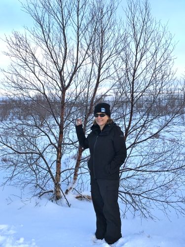 Lisa Seff with downy birch tree in Iceland.