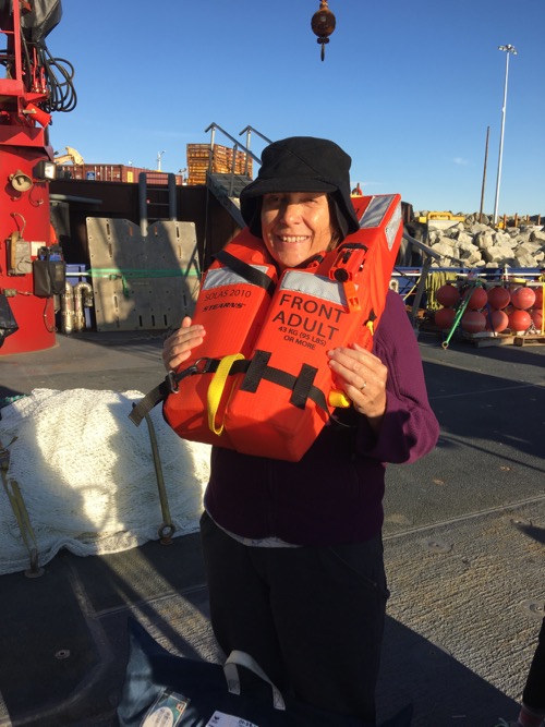 Lisa Seff wearing life jacket during safety drill.