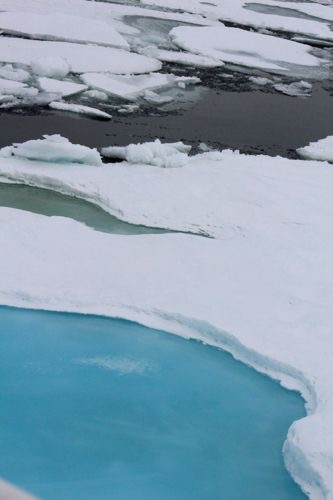 Three different colors of melt pools in sea ice.  Photo courtesy Betsy Wilkening. PolarTREC.com Ocean Atmosphere Sea Ice and Snowpack Interactions Expedition 2013.