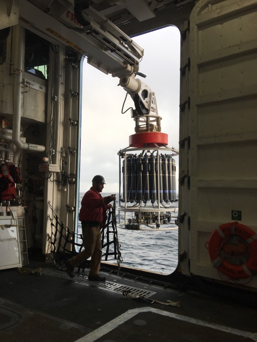 CTD Rosette with the Niskin bottles gets ready to go below the surface.