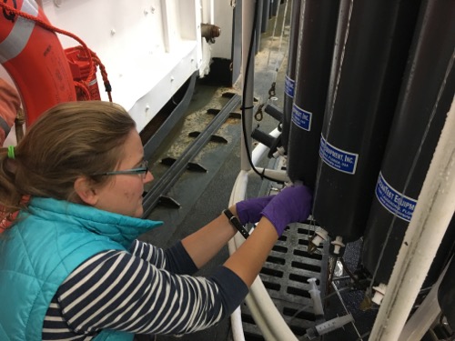 Dr. Lowry collects water from a Niskin bottle.