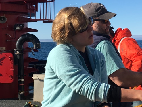 Chrissy Hernandez helps her team with the lines for the mid-water trawl net! 