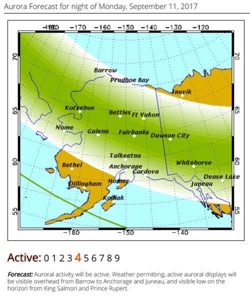 Geophysical Institute, University of Alaska Fairbanks, Aurora Forecast! September 12, 2017.  Screen shot by Lisa Seff.