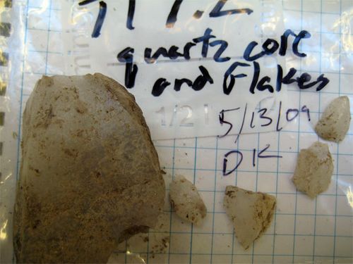 Quartz flakes and a quartz core made by prehistoric people