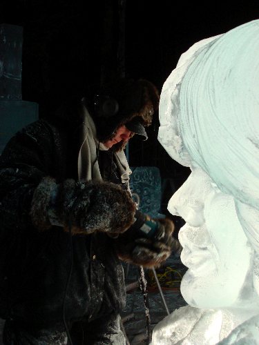 Ice carver perfects the face