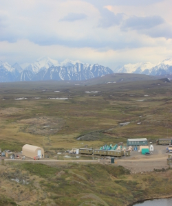 An aerial view of Toollk Field Camp with the Brooks Range in the background. Toolik Field Station, Alaska. Photo by Regina Brinker