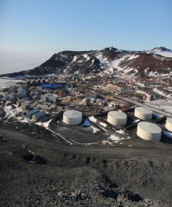 A view of McMurdo Station from Ob Hill. McMurdo Station, Antarctica.