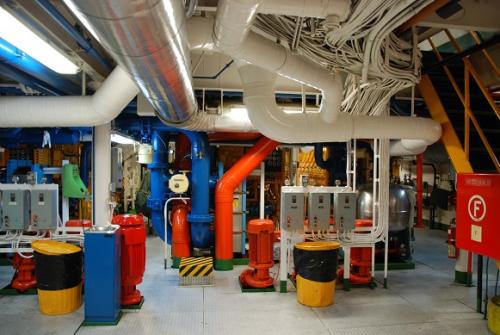 The engine room looking toward the stern of the ship.