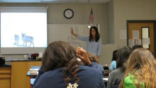 Mrs. McNeal talking with Mill Creek students about the Svalbard reindeer