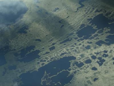 Aerial view of land formations made by permafrost thaw