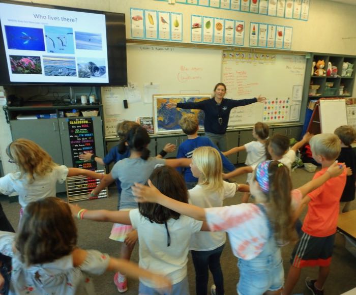 A teacher teaches a group of students about the animals that live in Antarctica