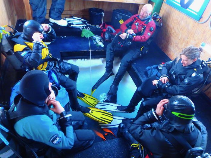 Divers dressed in dry suits sit around a hole in the sea ice