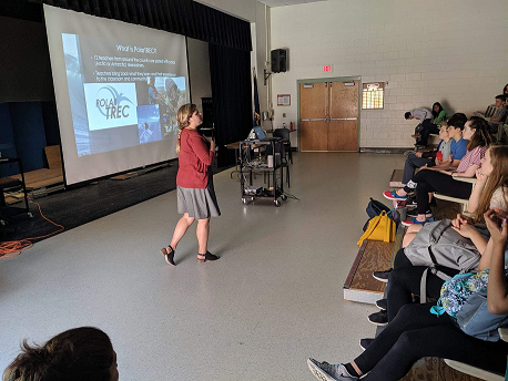 Piper Bartlett-Browne speaking with students at Dover Middle School in Dover, NH. (Photo courtesy of Shea Cook)