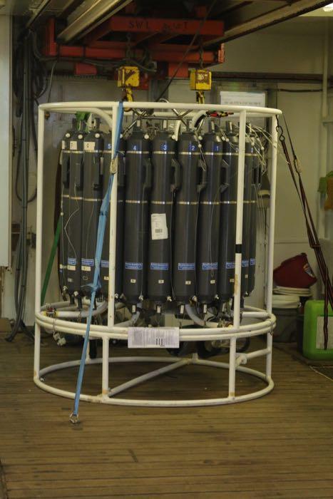 Oceanographic research instrument. This CTD measures conductivity (which tells us how salty the water is), temperature, and density. It also contains sampling bottles which are closed at different depths, capturing water. The water is analyzed for things like dissolved oxygen and nutrients like nitrogen. It also can be filtered to look more closely at phytoplankton present and chlorophyll concentrations. It is an important tool for studying phytoplankton and environmental factors in the ocean. (Photo courte