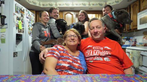 Family picture! Left to right Humans: Me, boyfiend Chris, Sister-in-law Kate, Brother Dennis. Doggies: Beckett, Von, Remington. Front: Mom Judy and Dad Dennis.