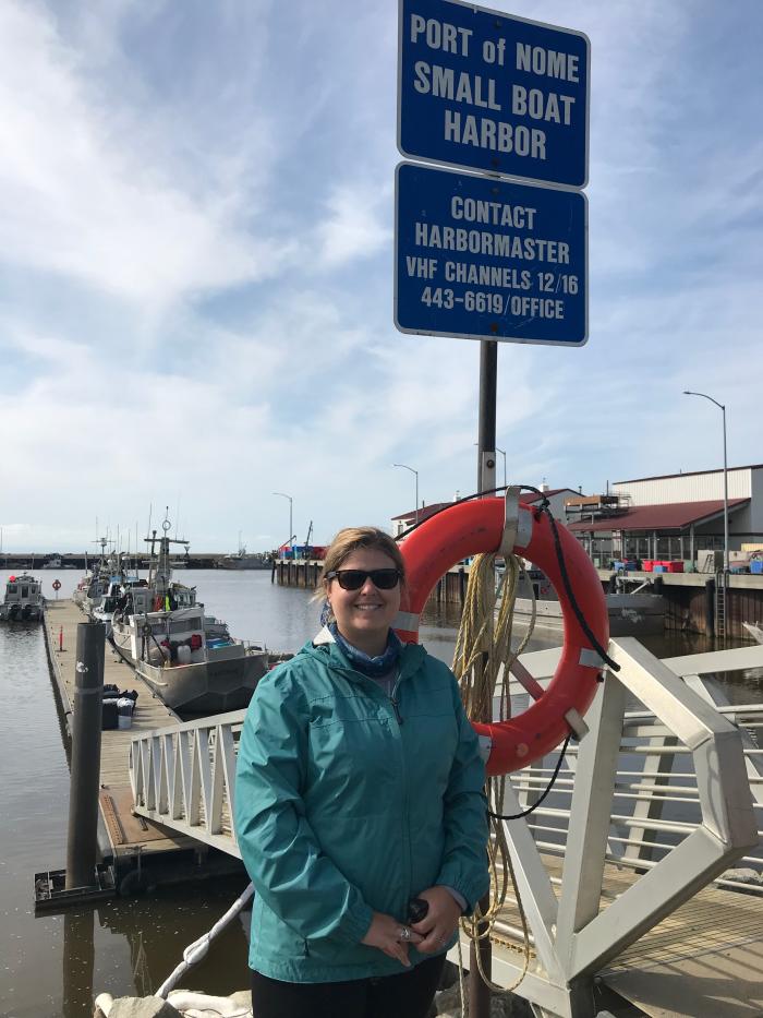 Piper Bartlett-Browne at the Nome Port waiting for the transfer boat to the Healy.