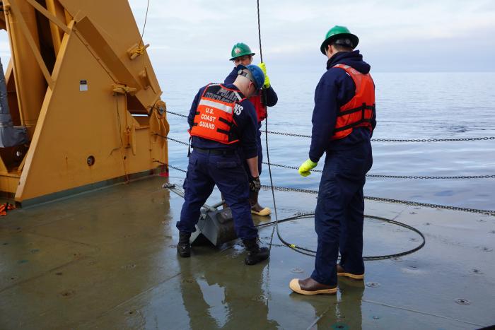 The Van Veen grab being prepared for deployment on the deck of the Healy.