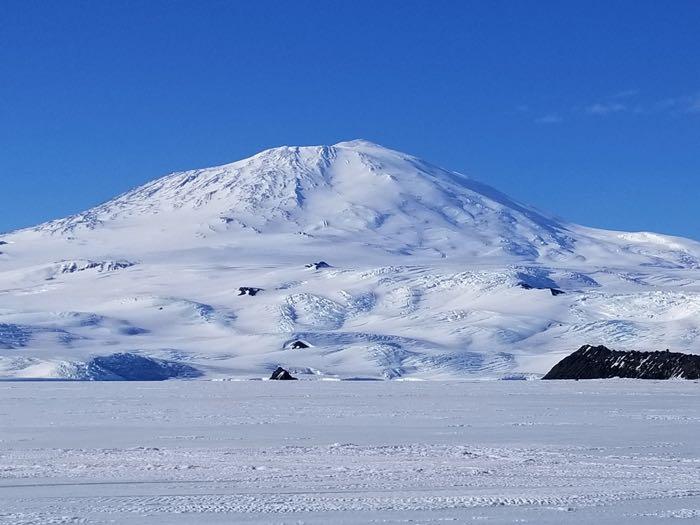 Mt. Erebus shines on a sunny day.