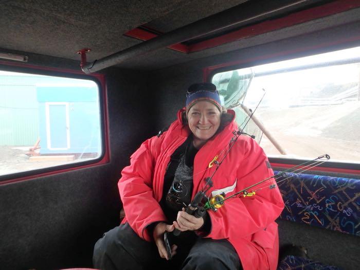 Denise Hardoy bundled up and ready to ice fish at the Jetty