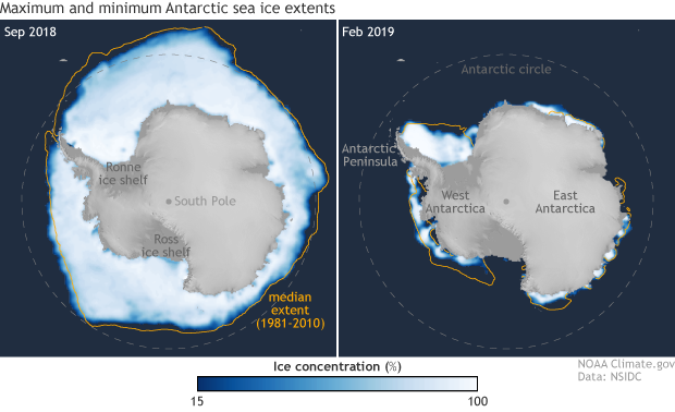 Comparing Antarctic sea ice in September 2018 to sea ice in February 2019