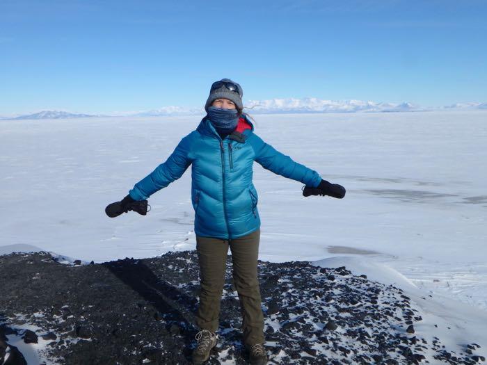 Amy Osborne in front of sea ice.