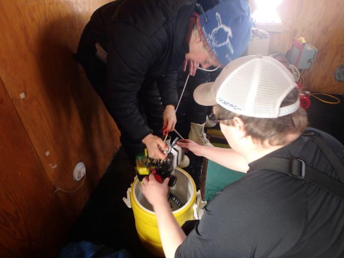 Dr. Amy Moran and Graham Lobert add the containers holding sea spiders and nudibranchs to the cooler filled with cold sea water.