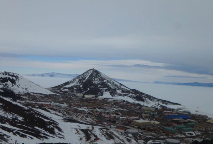 A view of the buildings and mountains in and around McMurdo Station