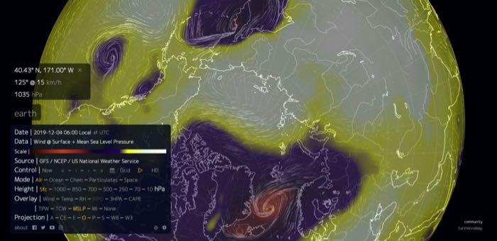 Map of winds in the Arctic, December 5, 2019