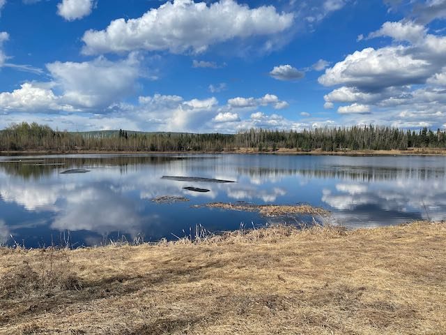 An image of a lake without ice and a beautiful blue sky. 