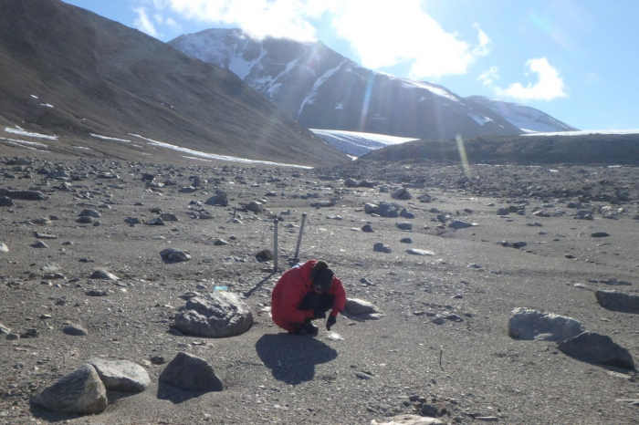 Matt Hedin collects soil samples in Garwood Valley. Kevin Dickerson: &amp;quot;Notice that he is standing on a rock, and there are no other footprints around him. Our team was very careful not to disturb the ecosystem any more than necessary. Also in this photo, you can see the spike in the soil to the right of Matt. This tells us year after year, where samples are to be taken.&amp;quot; Garwood Valley, Antarctica.