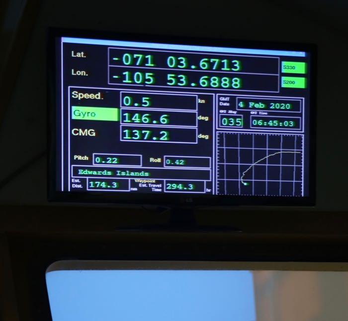 TV screen displays information about the ship's course