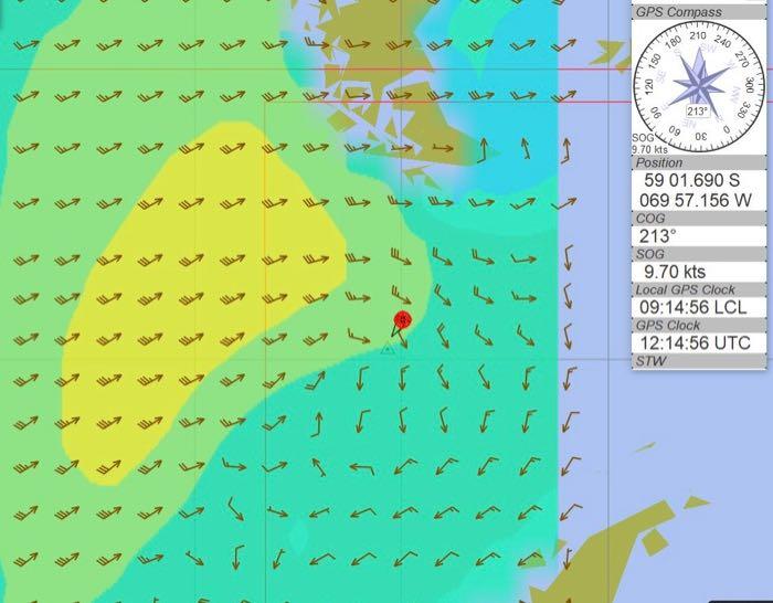 Weather radar shows wave height, wind speed, and the position of the Nathaniel B. Palmer