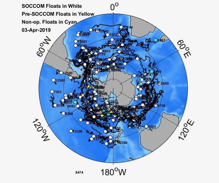 Map of float locations in the Southern Ocean