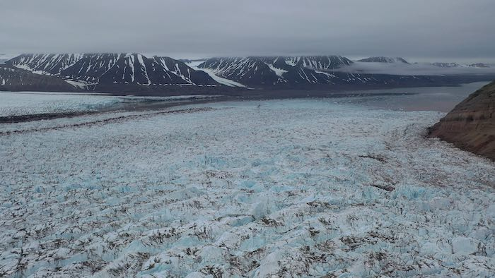 view down Kronebreen Glacier from Collethøgda Mountain