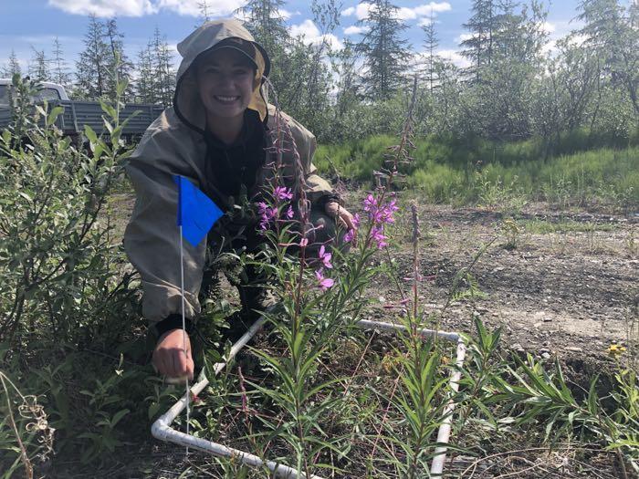 Using a plot intercept to collect vegetation data photographed by Jennie DeMarco