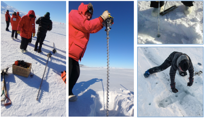 Drills with long sectional bits are used to drill through the ice.